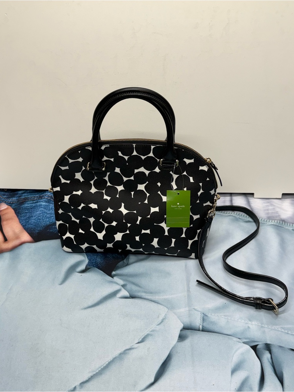 (new+tag) Kate Spade Leather Carli Polka Dot Black White Graphic Dome Satchel - Picture 9 of 12